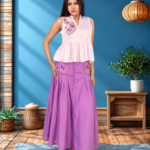 Hand Embroidered Peplum Top & Pleated Skirt 2-Piece Set