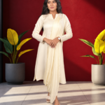 White Elegant Indo-Western Dress with Attached Drape Dupatta
