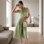 Hand Embroidered Collared Crop Top, Pleated Culottes & Handmade Crossbody Bag Set