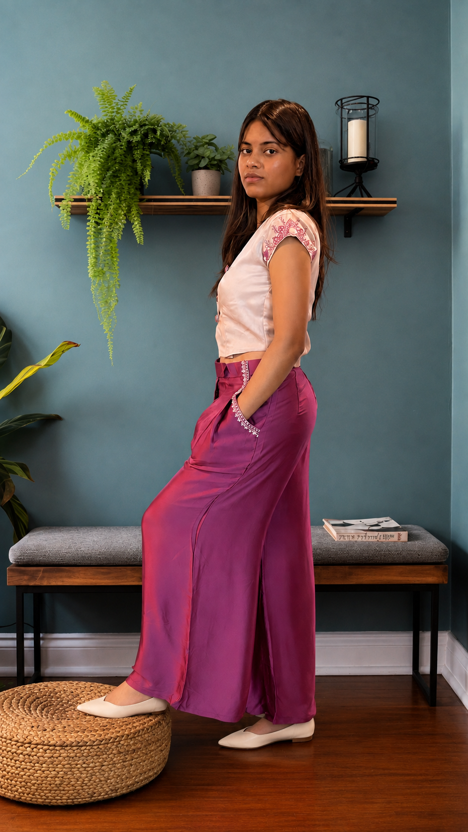 Hand Embroidered Button-Down Crop Top & Wide-Leg Trousers 2-Piece Set - Image 3